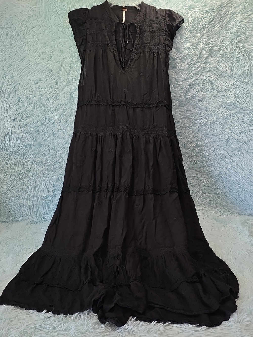 Free People Black Midnight Boho Tiered Ruffle Midi Dress XS